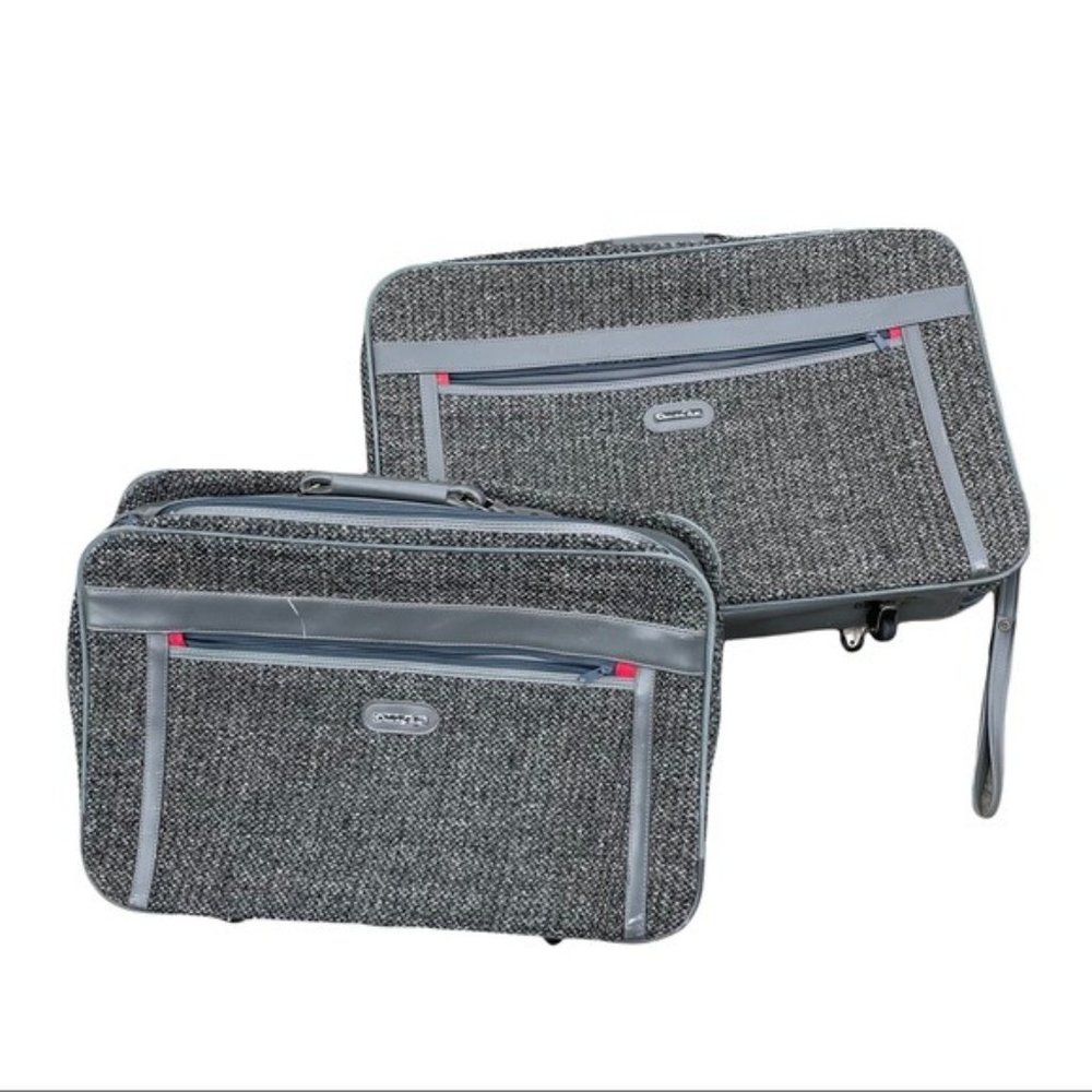 VTG Oscar de la Renta Luggage Suit Case Set gray Tweed rolling on wheels